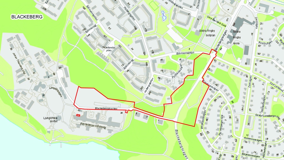 Karta över Blackeberg där området är utmärkt med rött.