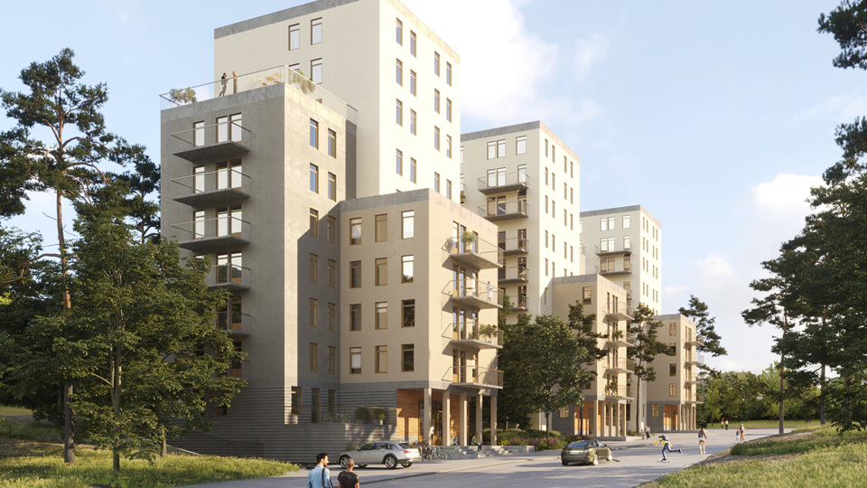 Fler huskroppar i olika höjd i ljus färger. Manniskor som promenerar på gatan. Gröna träd. Illustration.