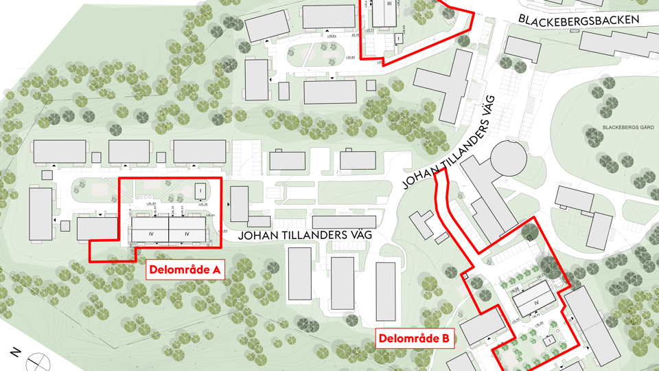 En karta över bebyggelse där områdena a, b och c är inringade. Illustration.
