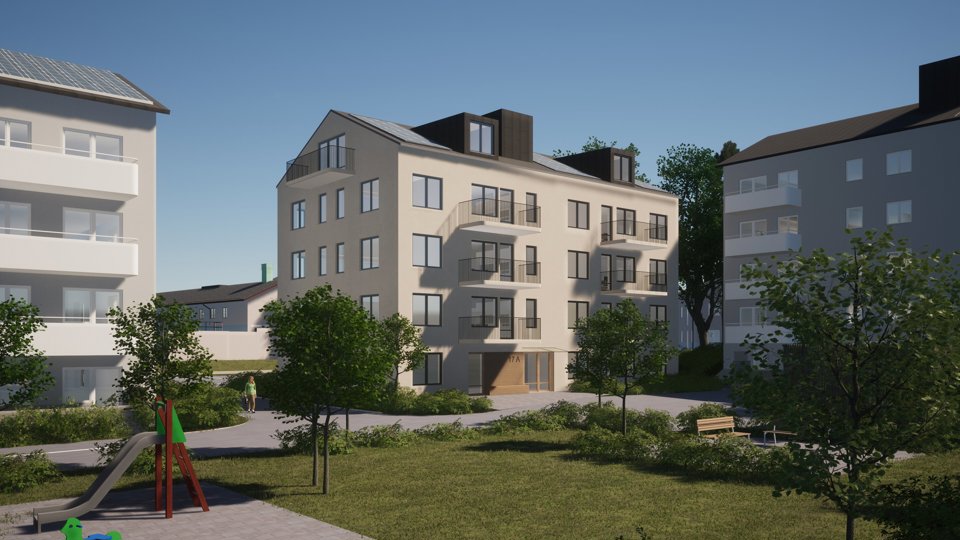 Vita flervåningshus med balkonger svarta tak.