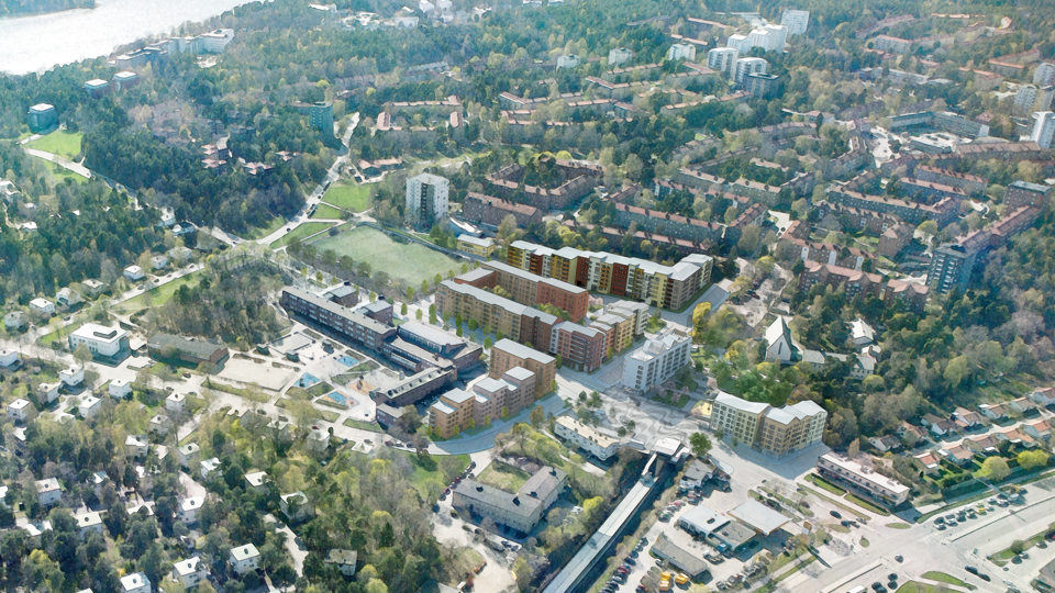 Vy uppifrån, som ett flygfoto. Flera bostadsområden, grönområde kring bostäderna, vägar och vatten i anslutning,, illustration.