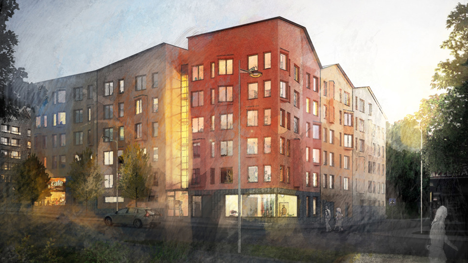 Vy på flervåningshus vid gata, illustration.