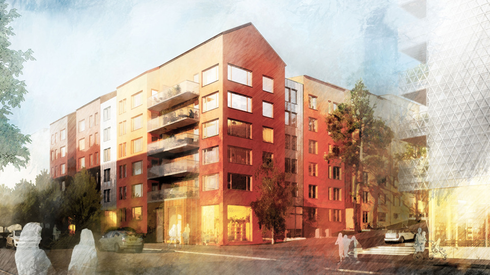 Vy på flervåningshus vid gata, illustration.