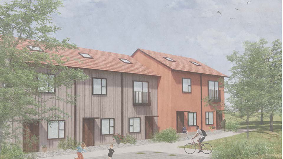 Radhuslänga i två olika höjder. Innergårde med lekande barn och vuxna i rörelse. Illustration