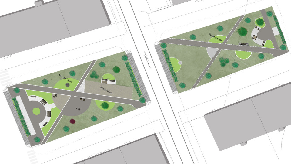 Vy över torg med gröna ytor och planteringar, boulebana och sittplatser, illustration.