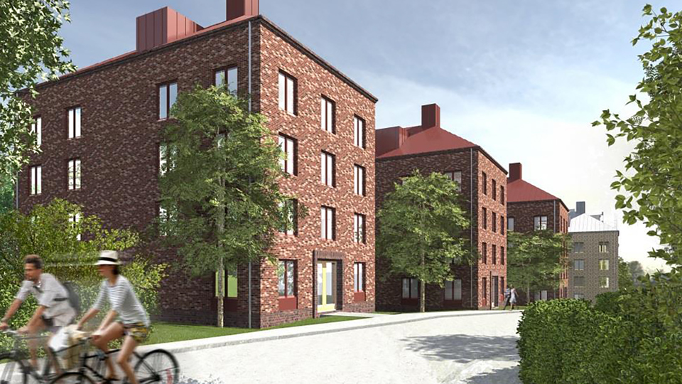 Flerbostadshus i tegel med fyra våningar, människor som cyklar, illustration.
