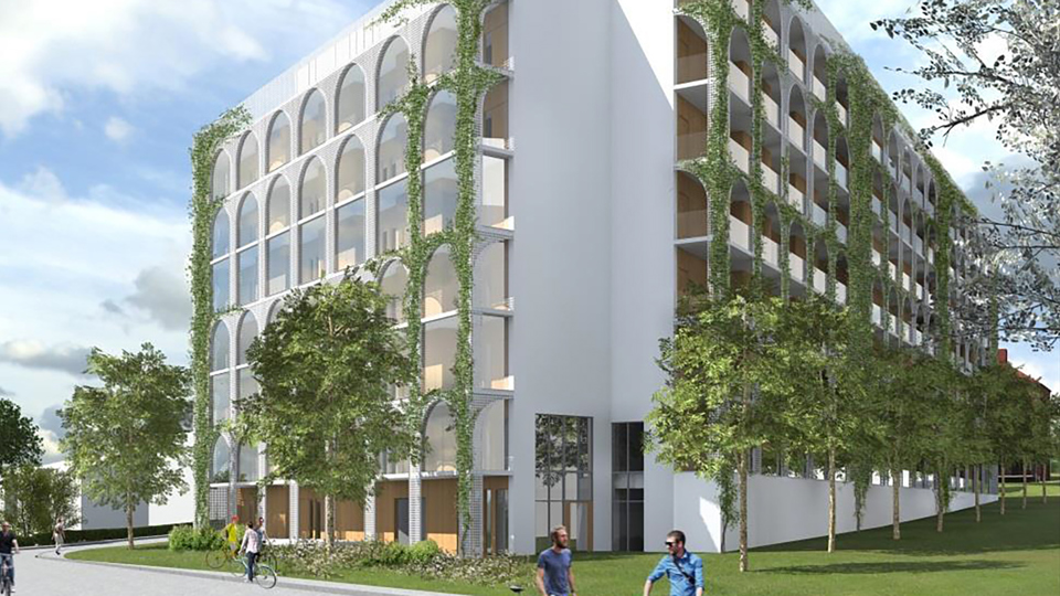 Vy från Gårdsfogdevägen mot studentbostäderna.