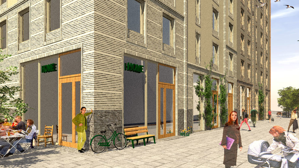 Bostadshus med människor utanför. Butik på markplan. Illustration.