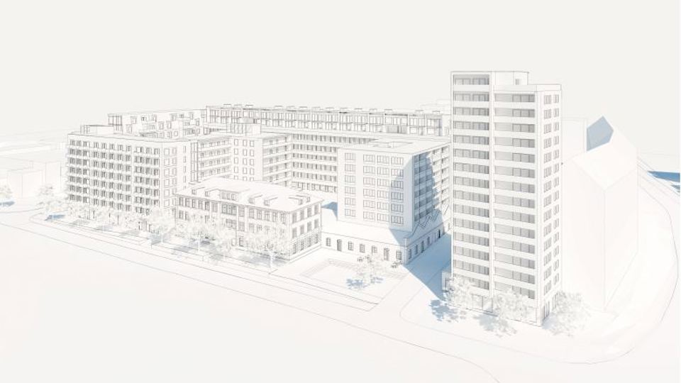Flera bostadshus med ett flertal våningar och balkonger. Ritning.