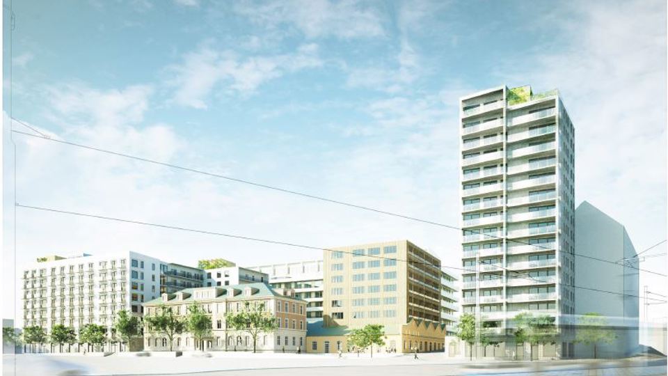 Flera byggnader som ligger nära torg och tvärbana. Illustration.