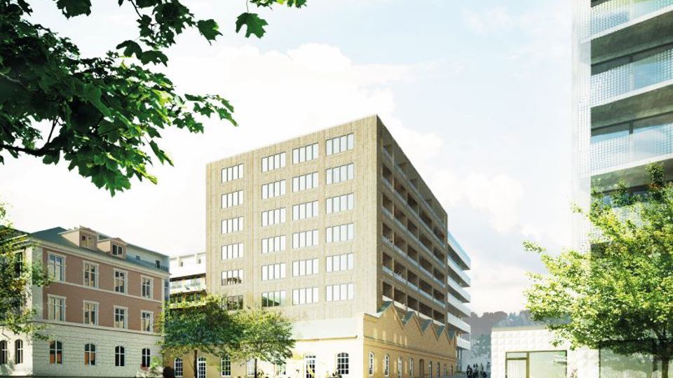 Torg med omgivande hus, träd och människor i rörelse. Illustration.