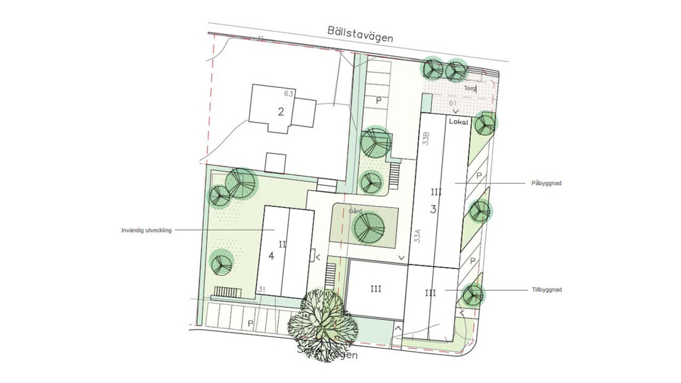 Ritning som visar översikt uppifrån av byggnader och gator.
