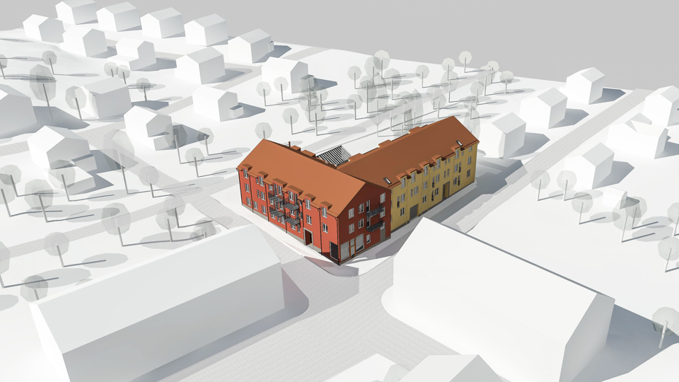 Ett rött och ett gult hus snett ovanifrån omgivet av grå, stiliserade byggnader, illustration.