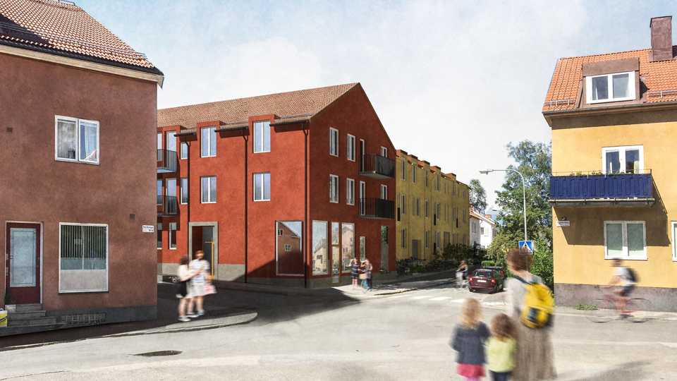 Färgglada trevåningshus vid liten korsning. Vuxen och barn i förgrunden, illustration. 