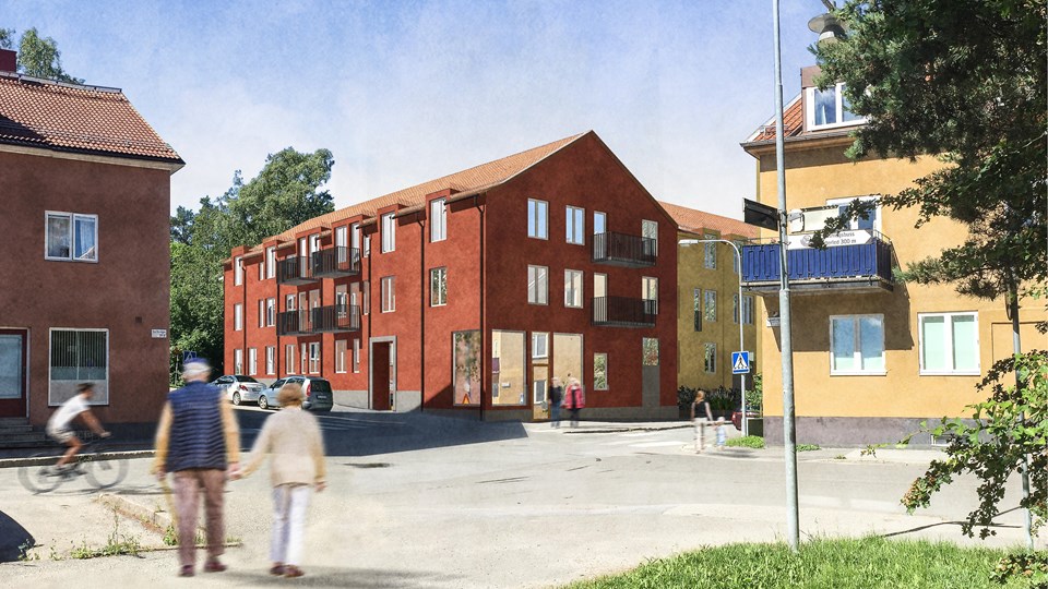 Rödbrunt flerbostadshus mellan andra färgglada hus vid korsning. I förgrunden promenerande par, illustration. 