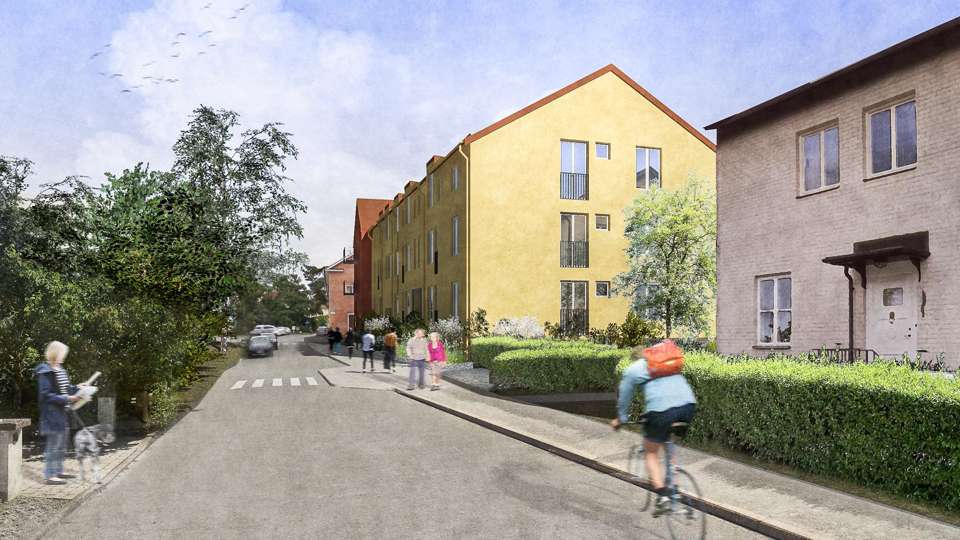 Färgglada hus vid väg kantad av buskage och träd. Cyklist och gångtrafikanter lite här och var, illustration.