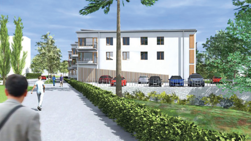 Bostadshus vid en gångväg kantad av en låg häck. Bilar på bilparkering, människor i rörelse. Illustration
