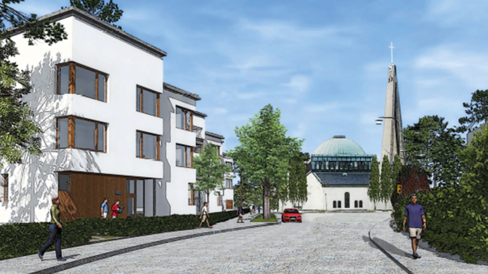 Bostadshus med vit fasad och kyrka vid Nockeby kyrkväg. Träd, häck längs bostadshusen och människor i rörelse. Illustration