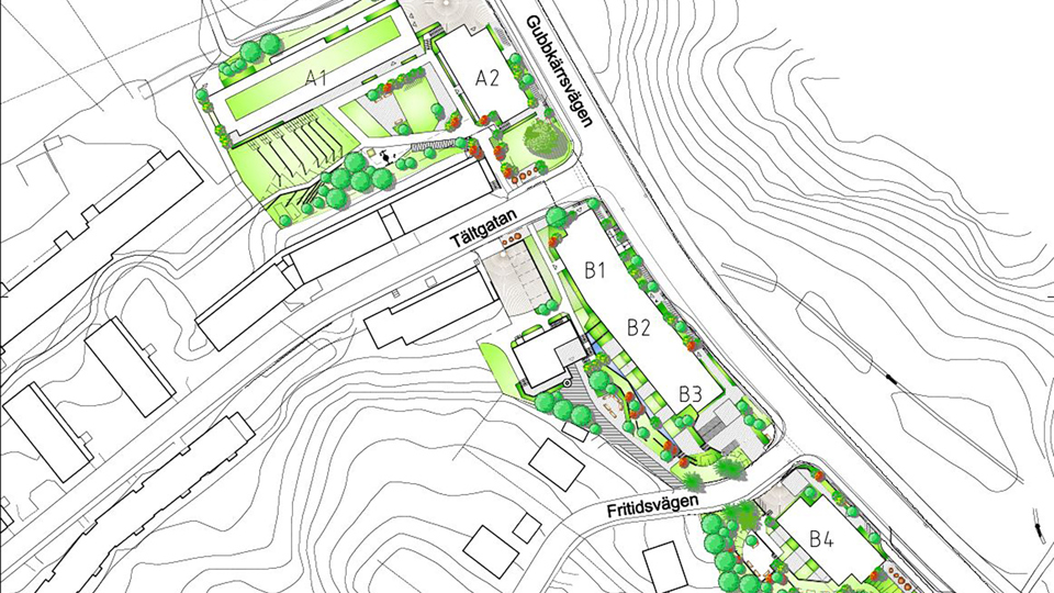 Illustrerad karta över Gubbkärrsvägen och Tältgatan.