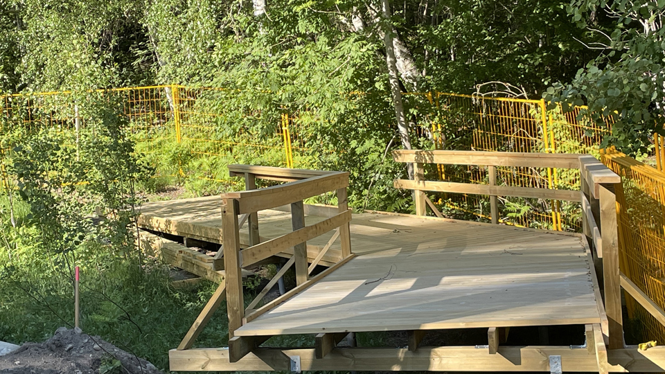 Träspång under uppbyggnad med träd runtomkring.