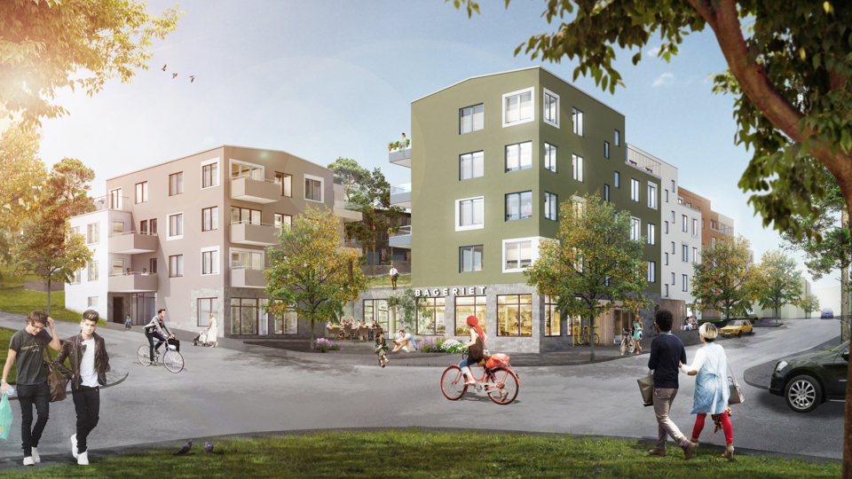 Kvarter med flera bostadshus, människor i rörelse, illustration.