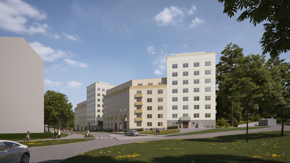 Två flerbostadshus. Framför byggnaderna ligger en korsning mellan Råckstavägen och Björketorpsvägen. Det finns ett ljusare hus, mot Björketorpsvägen, på 8 våningar. Utmed Råckstavägen ligger det andra flerbostadshuset. Illustration.