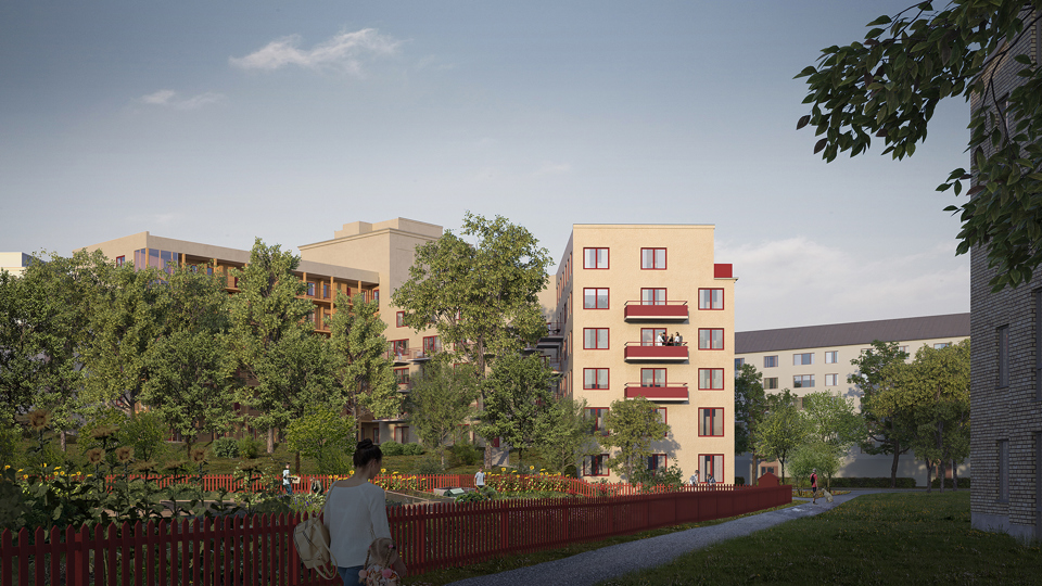 Koloniområde. Bakom koloniområdet finns den föreslagna byggnaden längs Råckstavägen. Byggnaden ligger bakom träd. Illustration.