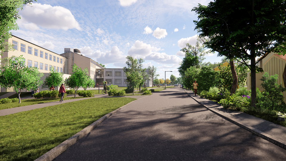 Vy längs Möjbrovägen från norr, som visar befintlig skolbyggnad och tillkommande utbyggnad i väster. Till höger i bild går det att ana villabebyggelsen i Norra Ängby på andra sidan Möjbrovägen. Människor i rörelse, illustration.