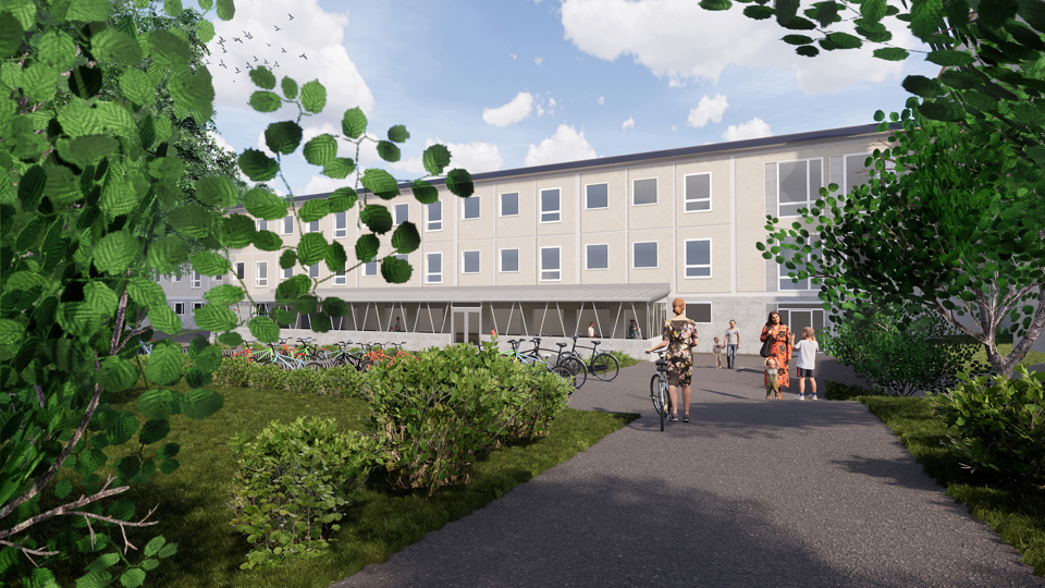Föreslagen matsalstillbyggnad, cykelparkering och tydligare entré från väster, människor i rörelse, illustration.