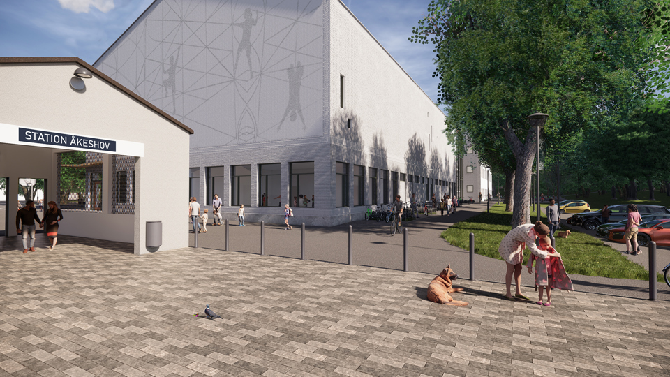 Vy som visar befintlig tunnelbaneuppgång, med föreslagen idrottshall och mellanstadiebyggnad sett från sydöst. Gångstråk mot Kyrksjölötens naturreservat syns längs byggnadens fasad, illustration.