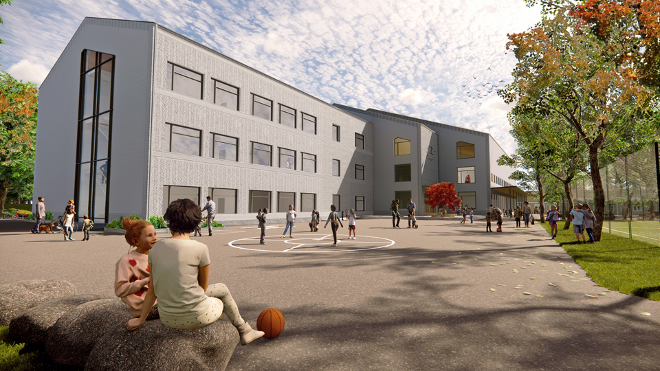 Vy från skolgården som visar föreslagen byggnad och idrottshall samt delar av skolgården, lekande barn på skolgården, illustration.