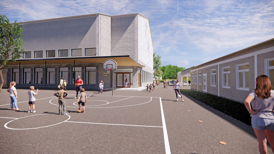 Vy från skolgården mot idrottshallens södra gavel, barn i rörelse på skolgård, basketplan, illustration.