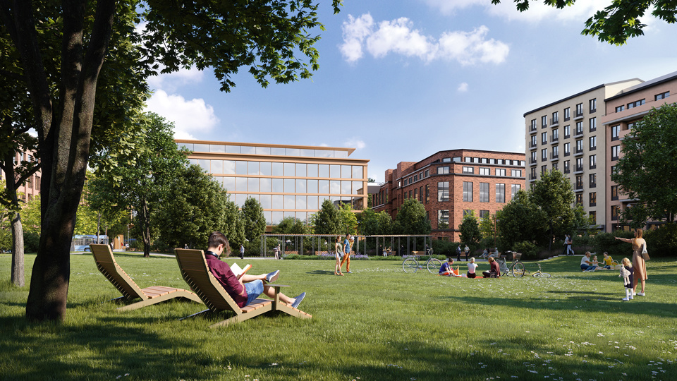 Park med gräsytor, sittmöbler, träd. Bortom parken syns flerbostadshus och andra stora byggnader. Människor i rörelse i parken.  Illustration