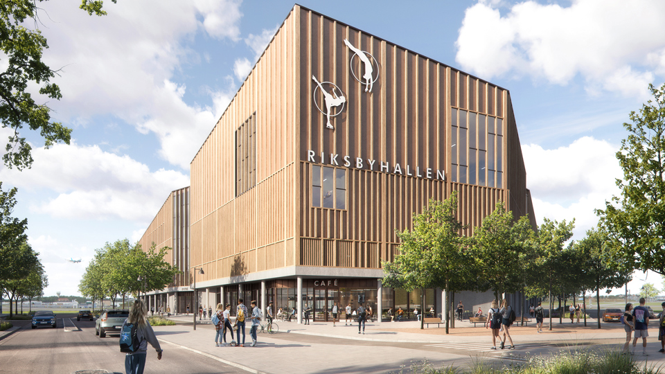 Sportanläggningen Riksbyhallen, vy från gata. I byggnadens bottenvåning ses café och entre. Människor i rörelse. Illustration