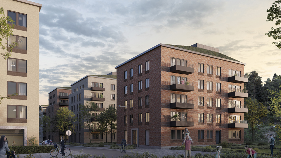 Kvartersgata med flerbostadshus i ljusa färger och rött tegel. Människor i rörelse vid husen och vid intilliggande gröna ytor. Illustration