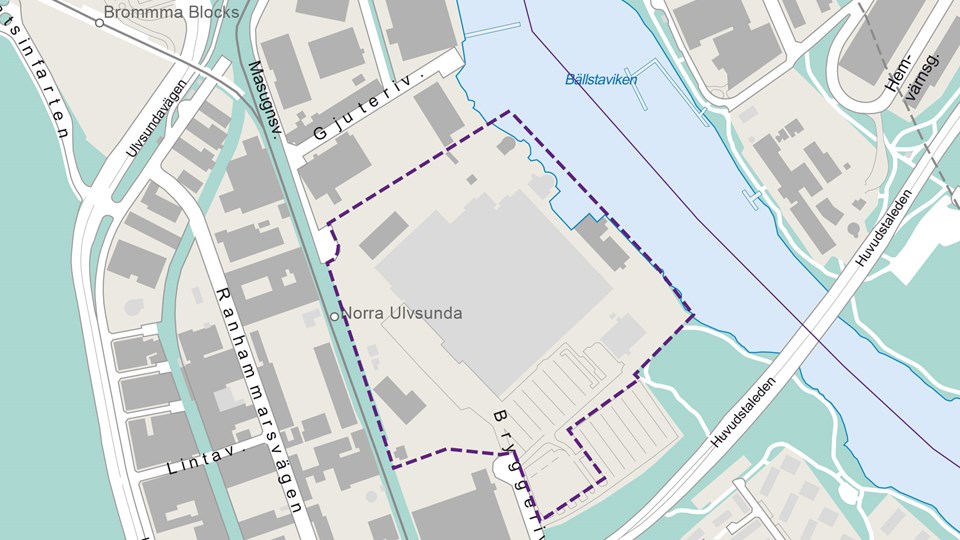 Karta över Ulvsunda industriområde där detaljplaneområdet är markerat med en lila streckad linje.