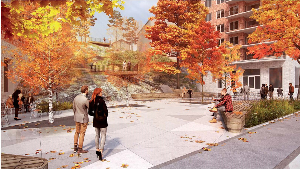Ett stenbelagt torg mellan bostadshus. Sittbänkar i trä, träd och planteringar. Berg mellan husen. Människor i rörelse. Illustration