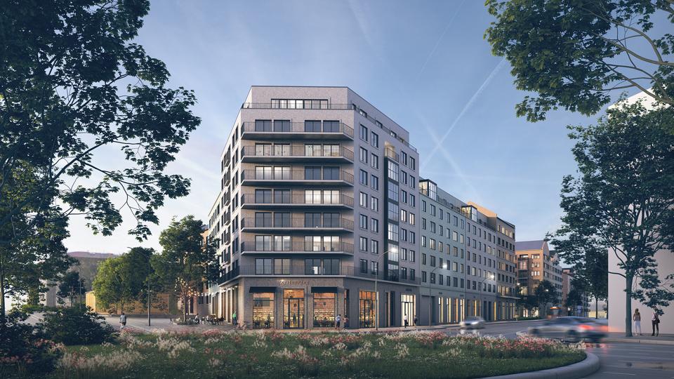 Gaveln på ett flerbostadshus, vid Bolidenplan. Träd och planteringar vid en cirkulationsplats. I byggnadens bottenvåning syns café och butikslokaler. Människor och trafik. Illustration. 