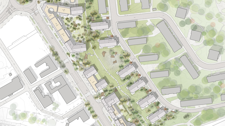 Karta över planområdet och byggnaderna som planeras. 