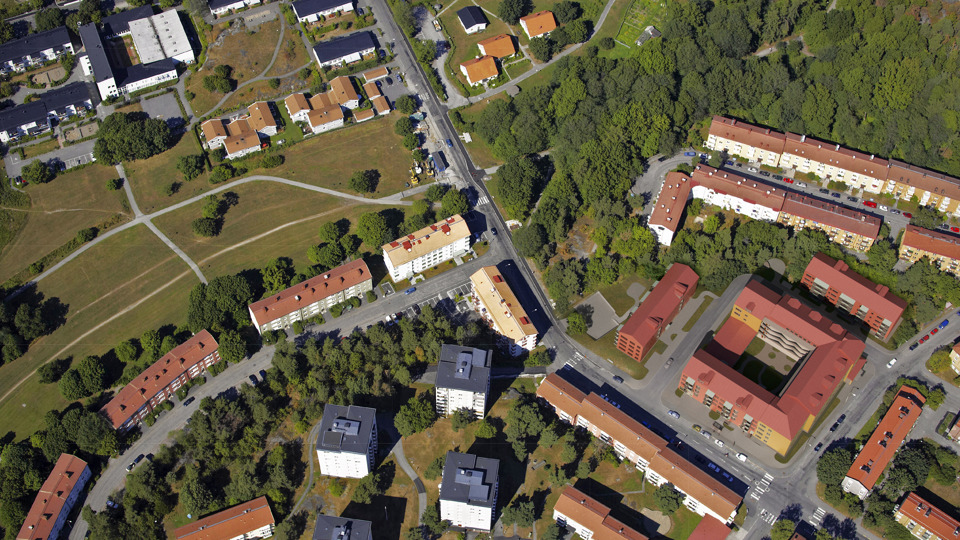 Flygbild över bostadsområde.