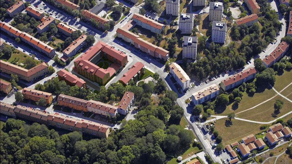 Flygbild över bostadsområde.