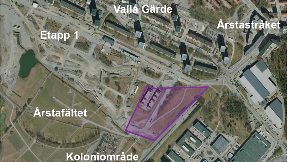 Flygfoto med detaljplaneområdet markerat i lila. 