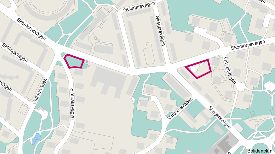 Kartbild över del av Årsta. Två mindre markeringar i rött som visar planområdets två delar.