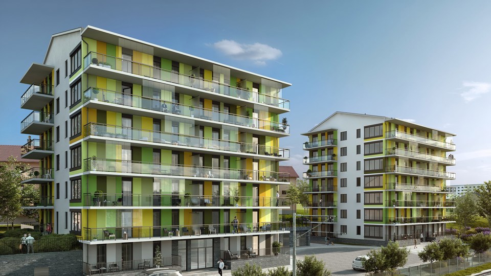 Två flerbostadshus med balkonger ut mot gata kantad av träd, illustration.