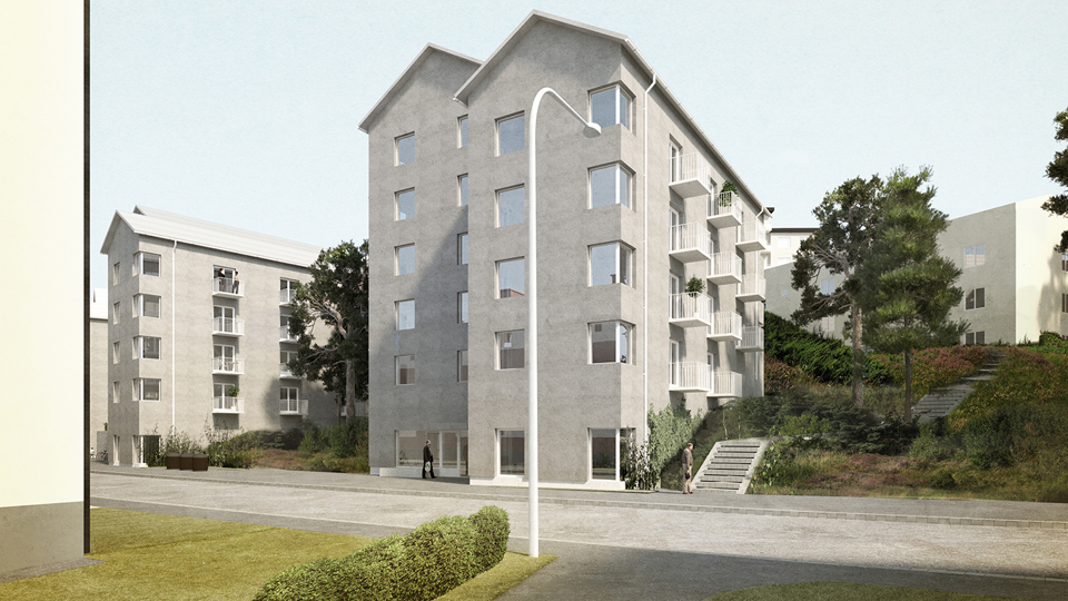 Bostadsområde, grå flervåningshus, illustration.