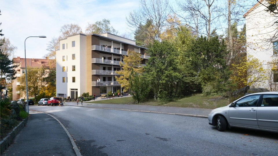 Gata med hus, träd och bilar parkerade. Det nya huset illustrerat, illustration.