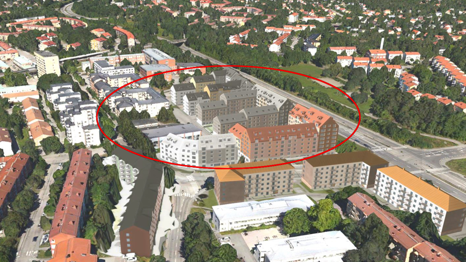 Vy över området med nytt kvarter inringat.