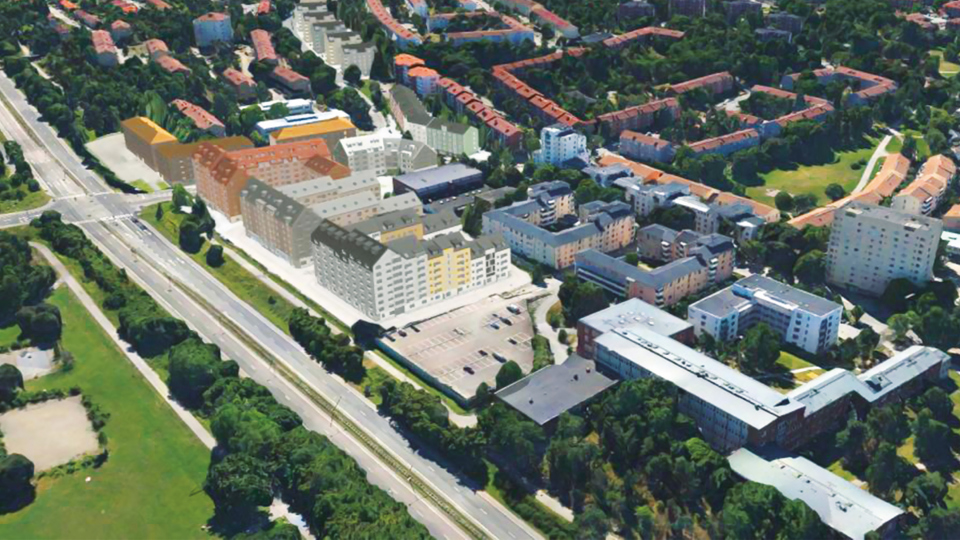 Vy över området med ny bebyggelse.