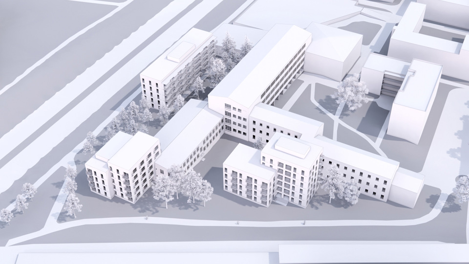 Flygvy över området med ny bebyggelse, illustration.