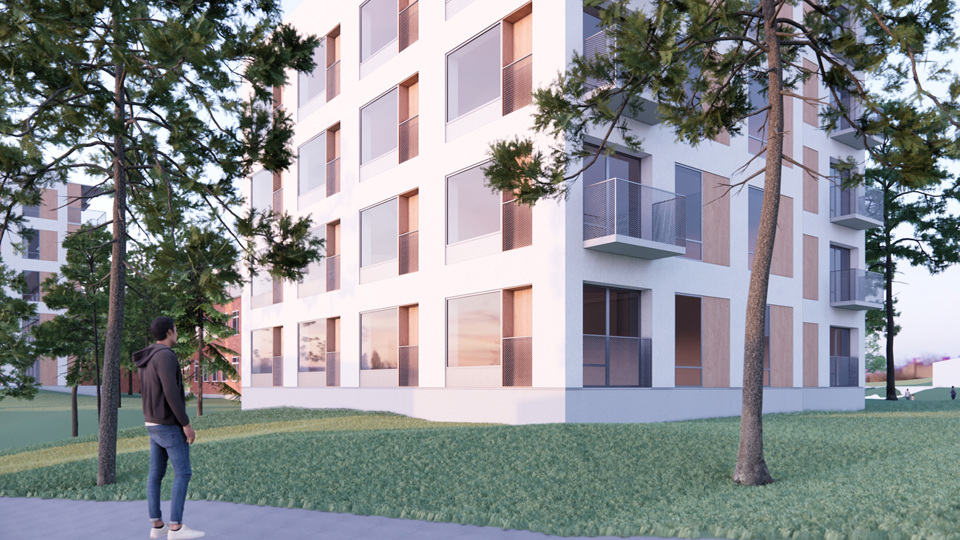Flerbostadshus, perspektiv från marknivå, illustration.